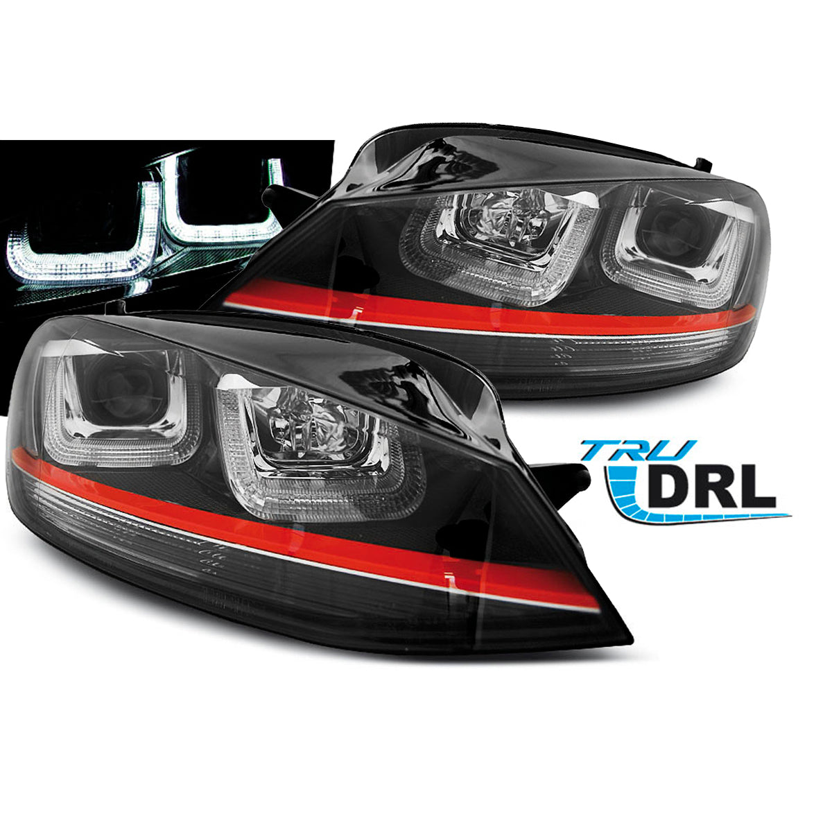 Scheinwerfer U-LED Licht Schwarz mit roter Linie Sport passend für VW Golf 7 12-17