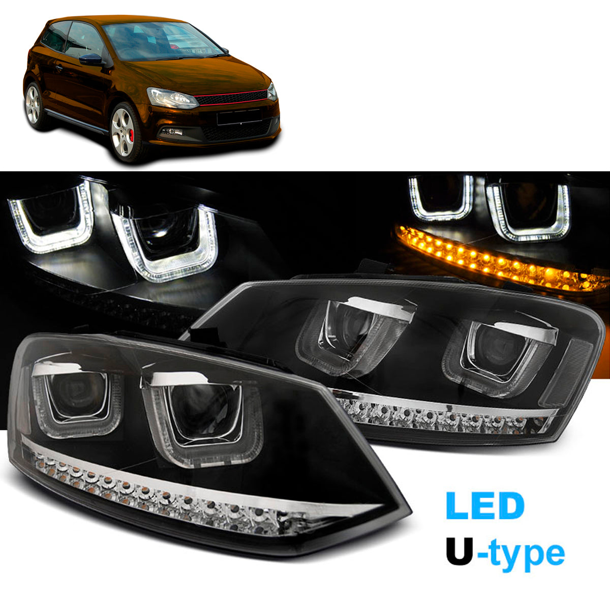 Scheinwerfer U-LED Licht Schwarz passend für VW Polo 6R 09-03.14