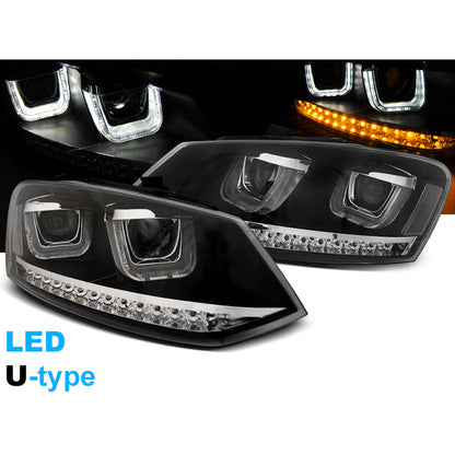 Scheinwerfer U-LED Licht Schwarz passend für VW Polo 6R 09-03.14