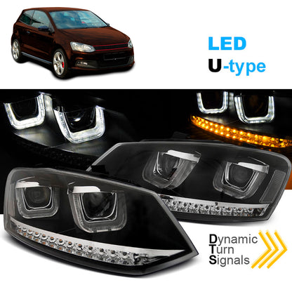 Scheinwerfer U-LED Licht Schwarz SEQ passend für VW Polo 6R 09-03.14