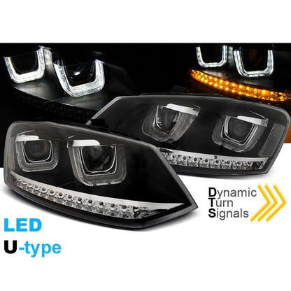 Scheinwerfer U-LED Licht Schwarz SEQ passend für VW Polo 6R 09-03.14