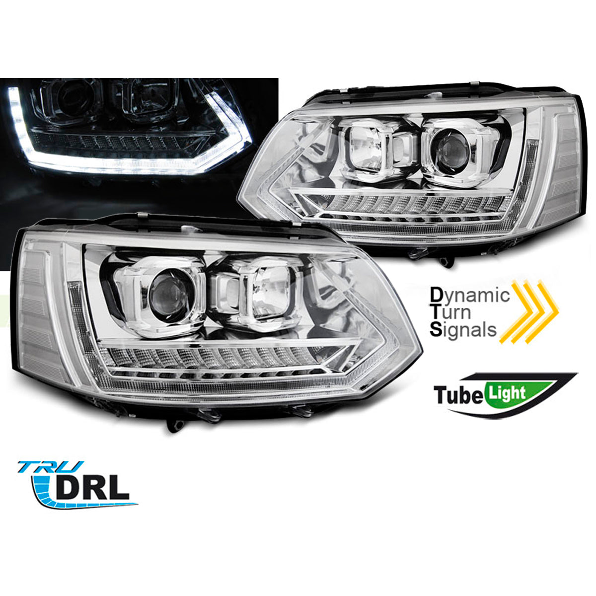 Scheinwerfer Röhrenlicht DRL Chrom SEQ passend für VW T5 2010-2015