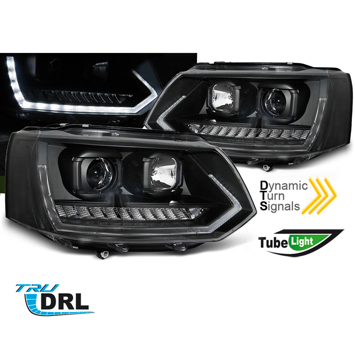Scheinwerfer Röhrenlicht DRL Schwarz SEQ passend für VW T5 2010-2015