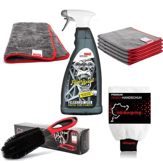 Sonax FelgenBeast 1L Felgenreiniger Felgenpflege-Bundle X Nürburgring Felgenbürste, Mikrofaserhandtuch, Reinigungstuch, Waschhandschuh