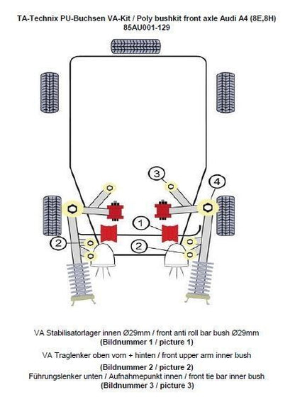 TA Technix PU-​Buchsen Kit 14-​teilig / Vorderachse mit Ø 29mm Stabi / passend für Audi A4 (8E) / A4 Cabriolet (8H)