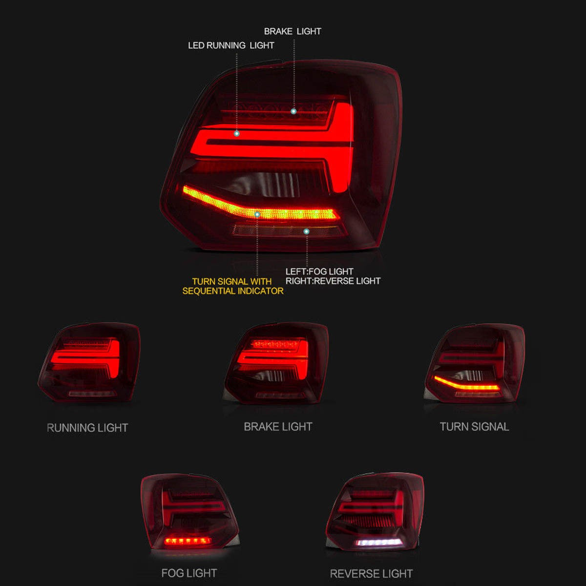 Voll-LED Dynamische Rücklichter Rot Klar passend für VW Polo 6R 2009-2014