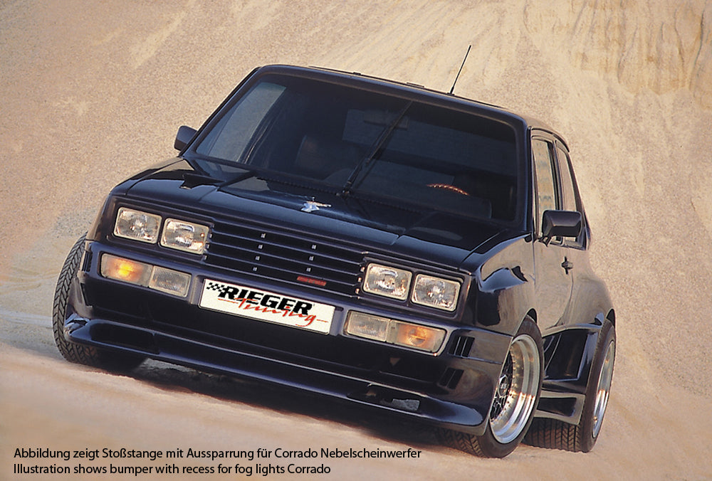 VW Golf 1 Rieger Spoilerstoßstange Breitbau II (Golf 2 Breitbau I) mit Aussparung für NSW, GFK, 
Montagezubehör