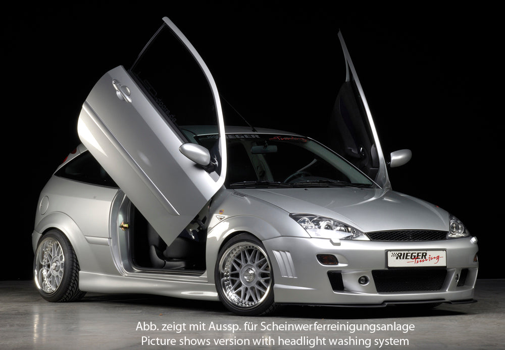 Ford Focus 1 Rieger Spoilerstoßstange -> bis Modell 10/2001 mit Aussparung für Blinkleuchten, mit seitlichen Rippen, ABS, 
inkl. Alugitter, Montagezubehör, ABE