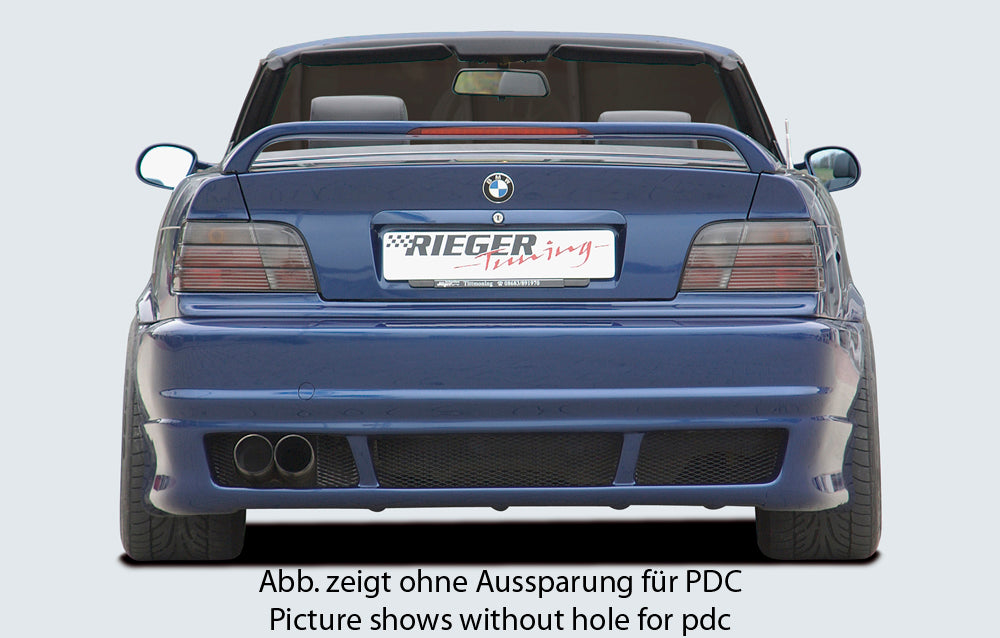 BMW 3er E36 Rieger Heckschürze E46-Look  (auch für 4-Rohr-ESD geeignet) ABS, für Fzg. mit Einparkhilfe (PDC), 
inkl. Alugitter, Gutachten, Montagezubehör