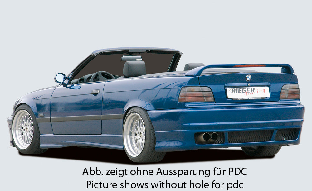 BMW 3er E36 Rieger Heckschürze E46-Look  (auch für 4-Rohr-ESD geeignet) ABS, für Fzg. mit Einparkhilfe (PDC), 
inkl. Alugitter, Gutachten, Montagezubehör