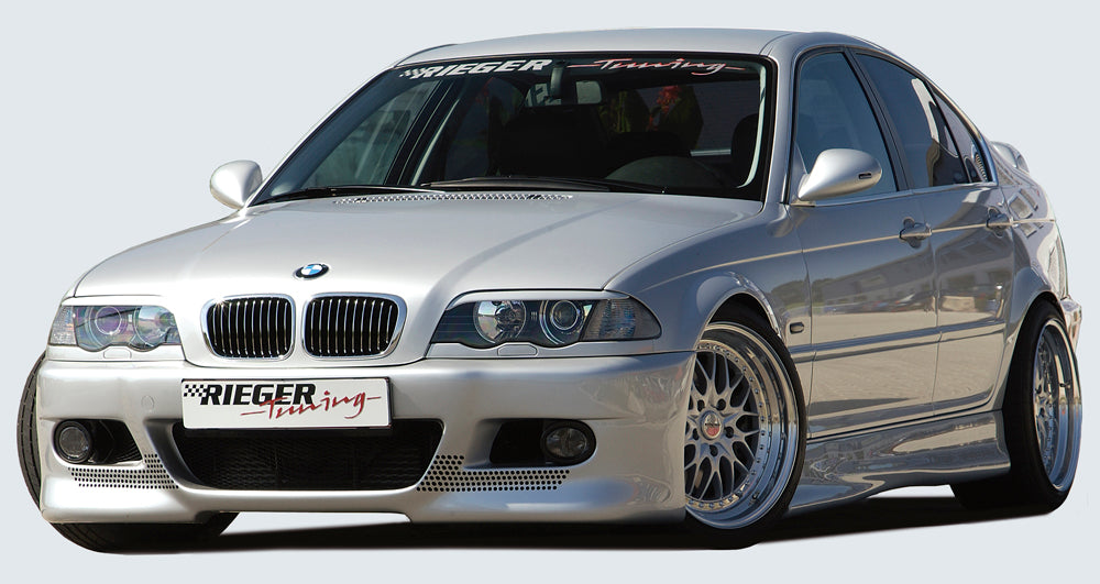 BMW 3er E46 Rieger Spoilerstoßstange    mit Halter f. orig. M-Technik-NSW, mit zusätzlichen Lüftungsschlitzen, in Lochblechoptik, ABS, 
inkl. Alugitter, Gutachten, Montagezubehör