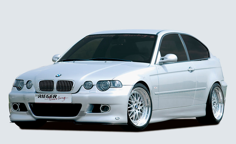 BMW 3er E46 Rieger Spoilerstoßstange  mit Halter f. orig. NSW, mit zusätzlichen Lüftungsschlitzen, in Lochblechoptik, ABS,  für Fzg. mit Scheinwerferreinigungsanlage, 
Alugitter, Gutachten, Montagezubehör