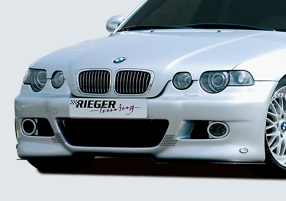 BMW 3er E46 Rieger Spoilerstoßstange  mit Halter f. orig. NSW, mit zusätzlichen Lüftungsschlitzen, in Lochblechoptik, ABS,  für Fzg. mit Scheinwerferreinigungsanlage, 
Alugitter, Gutachten, Montagezubehör
