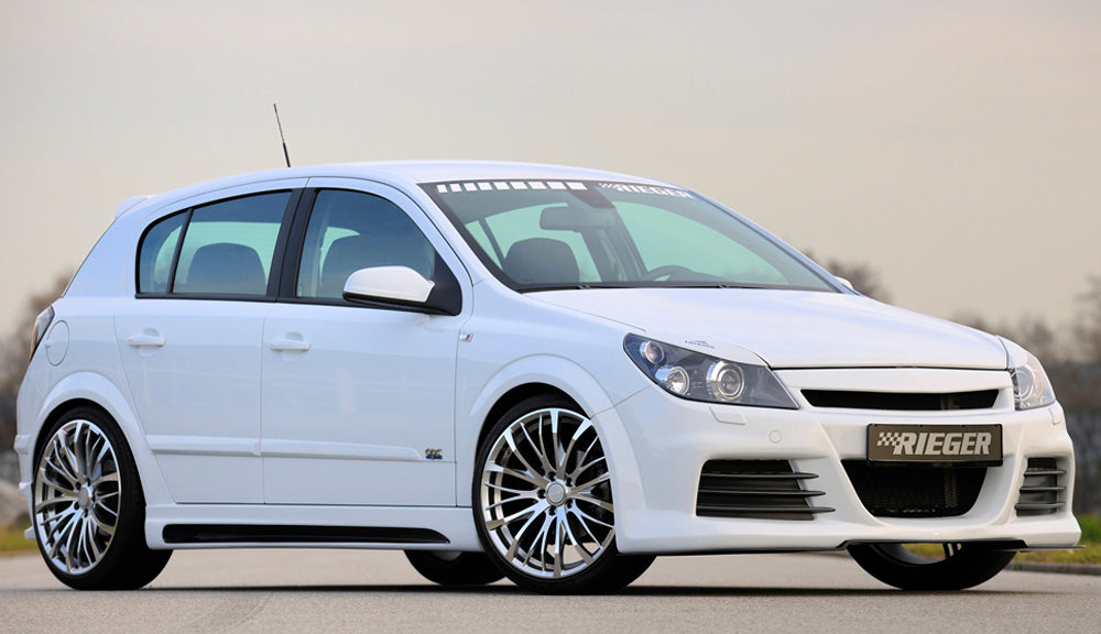 Opel Astra H Rieger Spoilerstoßstange mit kleiner Aussparung für SWRA ABS, für Fzg. mit Scheinwerferreinigungsanlage, OPC und ohne OPC, 
inkl. Montagezubehör, Alugitter, Lüftungsschacht, Lufteinlassblende, ABE