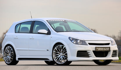 Opel Astra H Rieger Spoilerstoßstange mit kleiner Aussparung für SWRA ABS, für Fzg. mit Scheinwerferreinigungsanlage, OPC und ohne OPC, 
inkl. Montagezubehör, Alugitter, Lüftungsschacht, Lufteinlassblende, ABE