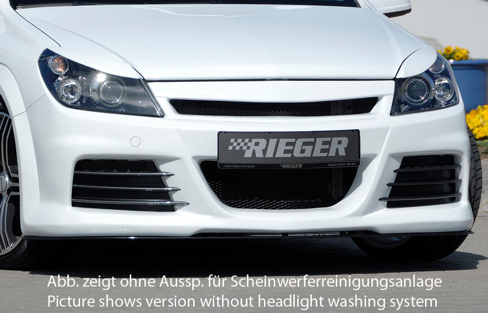Opel Astra H Rieger Spoilerstoßstange mit kleiner Aussparung für SWRA ABS, für Fzg. mit Scheinwerferreinigungsanlage, OPC und ohne OPC, 
inkl. Montagezubehör, Alugitter, Lüftungsschacht, Lufteinlassblende, ABE