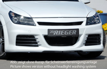 Opel Astra H Rieger Spoilerstoßstange mit kleiner Aussparung für SWRA ABS, für Fzg. mit Scheinwerferreinigungsanlage, OPC und ohne OPC, 
inkl. Montagezubehör, Alugitter, Lüftungsschacht, Lufteinlassblende, ABE