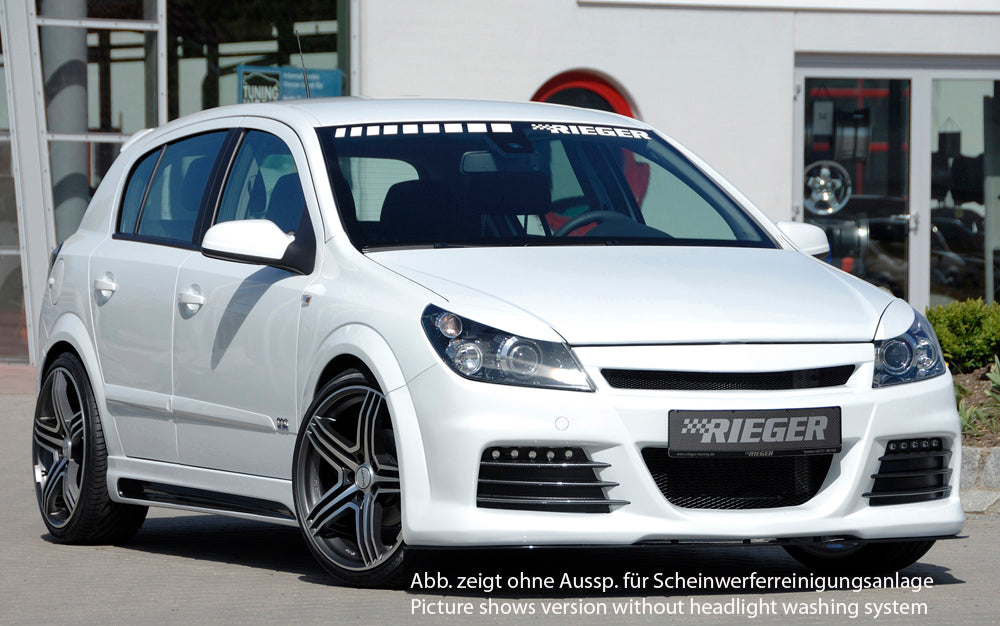 Opel Astra H Rieger Spoilerstoßstange mit kleiner Aussparung für SWRA mit Aussparung für Tagfahrleuchten, ABS, für Fzg. mit Scheinwerferreinigungsanlage, OPC und ohne OPC, 
inkl. Montagezubehör, Alugitter, Lüftungsschacht, Lufteinlassblende, ABE