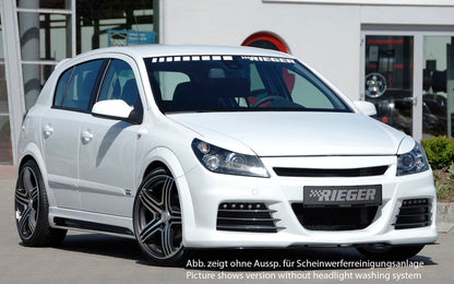 Opel Astra H Rieger Spoilerstoßstange mit kleiner Aussparung für SWRA mit Aussparung für Tagfahrleuchten, ABS, für Fzg. mit Scheinwerferreinigungsanlage, OPC und ohne OPC, 
inkl. Montagezubehör, Alugitter, Lüftungsschacht, Lufteinlassblende, ABE