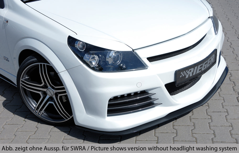 Opel Astra H Rieger Spoilerstoßstange mit kleiner Aussparung für SWRA mit Aussparung für Tagfahrleuchten, ABS, für Fzg. mit Scheinwerferreinigungsanlage, OPC und ohne OPC, 
inkl. Montagezubehör, Alugitter, Lüftungsschacht, Lufteinlassblende, ABE