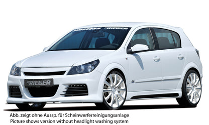 Opel Astra H Rieger Spoilerstoßstange mit kleiner Aussparung für SWRA mit Aussparung für Tagfahrleuchten, ABS, für Fzg. mit Scheinwerferreinigungsanlage, OPC und ohne OPC, 
inkl. Montagezubehör, Alugitter, Lüftungsschacht, Lufteinlassblende, ABE