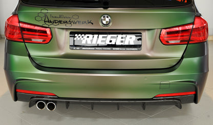 BMW 3er F30  (3L) Rieger Heckeinsatz Carbon nur für M-Paket-Heckschürze für orig. Doppelendrohr li, Carbon mit Klarlackfinish, für Fzg. mit M-Technik, 
inkl. Montagezubehör, Gutachten