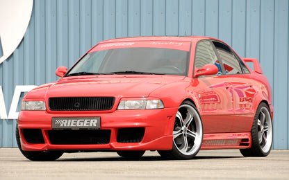 Audi A4 (B5) Rieger Spoilerstoßstange RS-Four-Look  mit großer Aussparung für Waschdüsen! (95x70mm) ABS, für Fzg. mit Scheinwerferreinigungsanlage, 
inkl. Alugitter, Montagezubehör, ABE