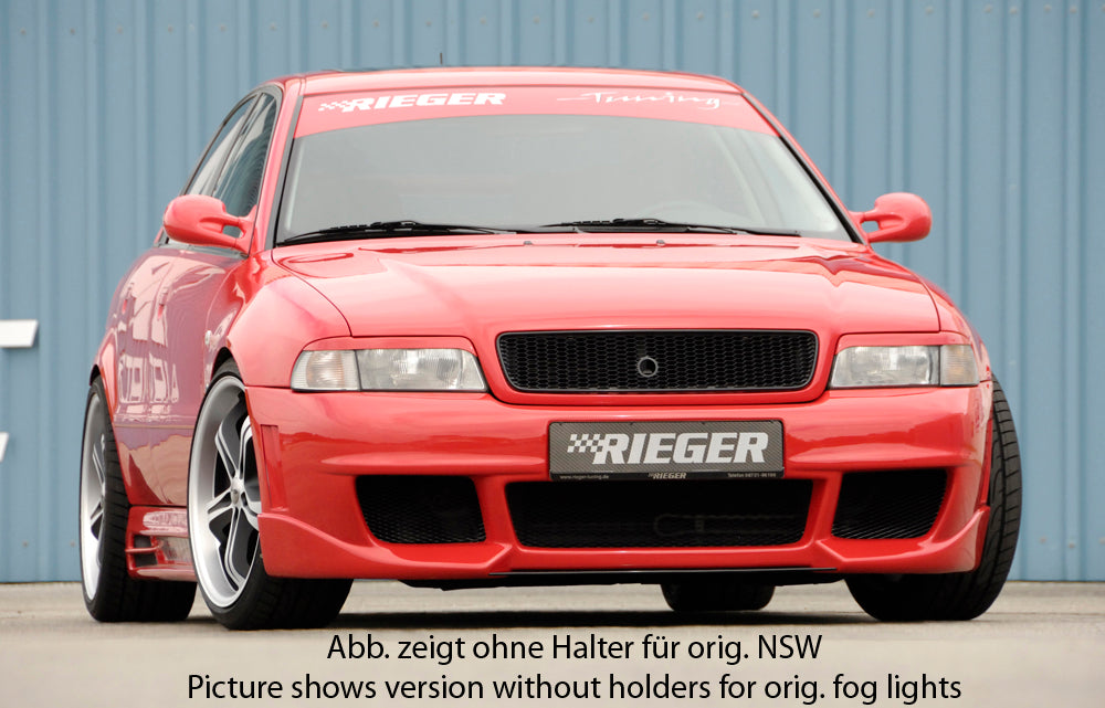 Audi A4 (B5) Rieger Spoilerstoßstange RS-Four-Look  mit großer Aussparung für Waschdüsen! (95x70mm) mit Halter f. orig. NSW, ABS, für Fzg. mit Scheinwerferreinigungsanlage, 
inkl. Alugitter, Montagezubehör, ABE