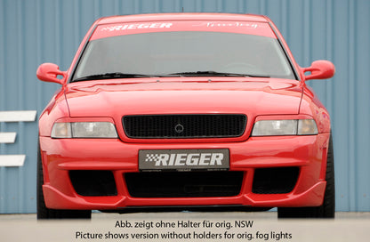 Audi A4 (B5) Rieger Spoilerstoßstange RS-Four-Look  mit großer Aussparung für Waschdüsen! (95x70mm) mit Halter f. orig. NSW, ABS, für Fzg. mit Scheinwerferreinigungsanlage, 
inkl. Alugitter, Montagezubehör, ABE