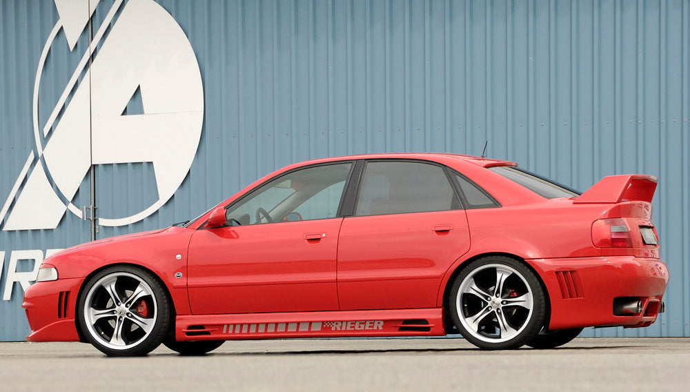 Audi A4 (B5) Rieger Spoilerstoßstange RS-Four-Look  mit kleiner Aussparung für Waschdüsen (48x40mm) ABS, für Fzg. mit Scheinwerferreinigungsanlage, 
inkl. Alugitter, Montagezubehör, ABE