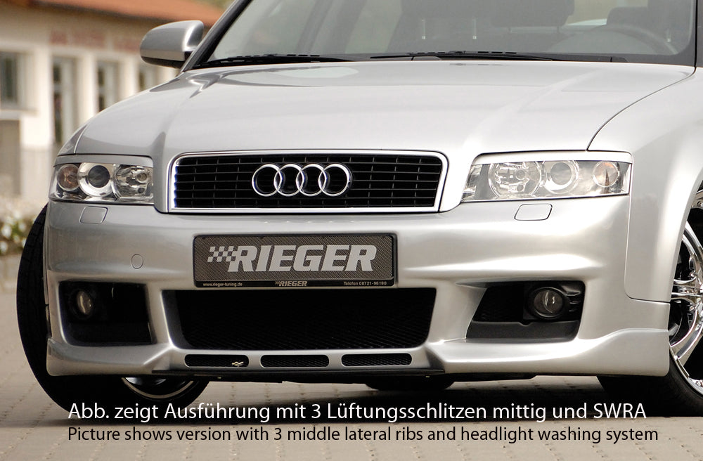 Audi A4 (8E) Typ B6 Rieger Spoilerstoßstange neues Design  ohne Waschdüse, ohne PDC und Schlitze ohne Lüftungsschlitze, ABS, 
inkl. Alugitter, Montagezubehör, ABE