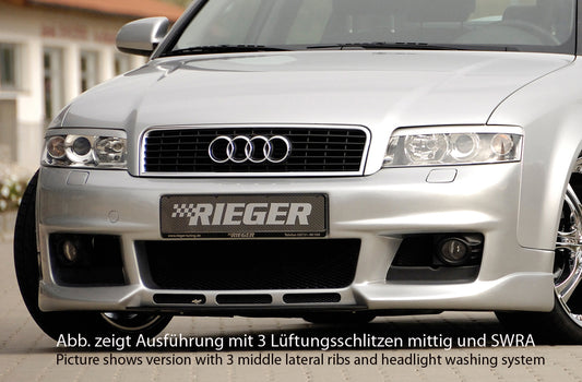 Audi A4 (8E) Typ B6 Rieger Spoilerstoßstange neues Design  ohne Waschdüse, ohne PDC und Schlitze ohne Lüftungsschlitze, ABS, 
inkl. Alugitter, Montagezubehör, ABE