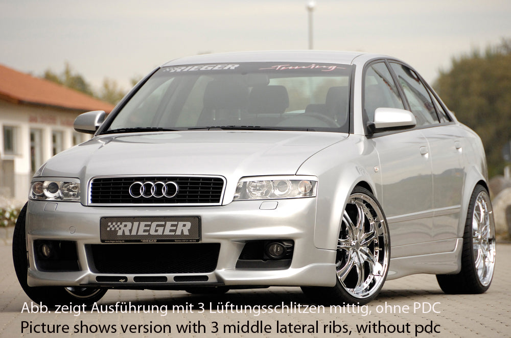 Audi A4 (8E) Typ B6 Rieger Spoilerstoßstange neues Design   ohne Lüftungsschlitze, ABS, für Fzg. mit Einparkhilfe (PDC), NSW, 
inkl. Alugitter, Montagezubehör, ABE