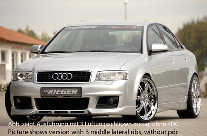 Audi A4 (8E) Typ B6 Rieger Spoilerstoßstange neues Design   ohne Lüftungsschlitze, ABS, für Fzg. mit Einparkhilfe (PDC), NSW, 
inkl. Alugitter, Montagezubehör, ABE