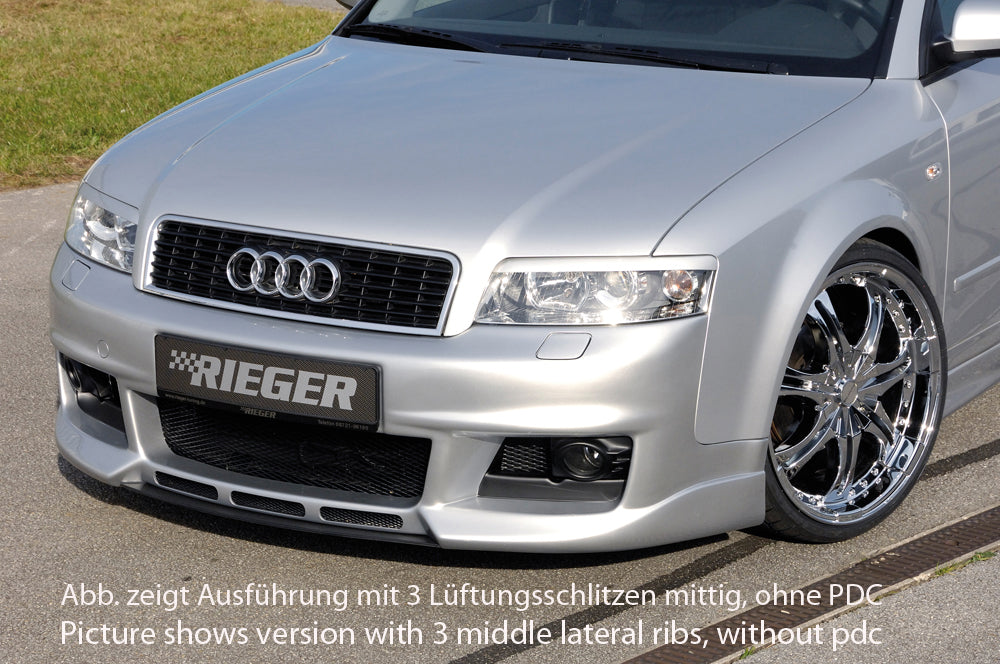 Audi A4 (8E) Typ B6 Rieger Spoilerstoßstange neues Design   ohne Lüftungsschlitze, ABS, für Fzg. mit Einparkhilfe (PDC), NSW, 
inkl. Alugitter, Montagezubehör, ABE