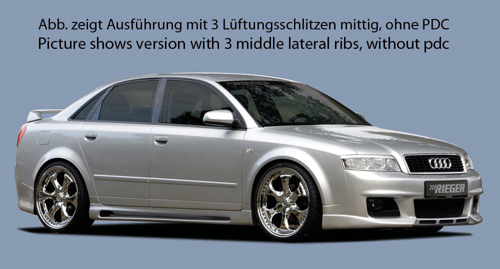 Audi A4 (8E) Typ B6 Rieger Spoilerstoßstange neues Design   ohne Lüftungsschlitze, ABS, für Fzg. mit Einparkhilfe (PDC), NSW, 
inkl. Alugitter, Montagezubehör, ABE