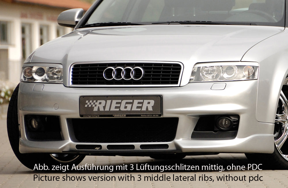 Audi A4 (8E) Typ B6 Rieger Spoilerstoßstange neues Design   ohne Lüftungsschlitze, ABS, für Fzg. mit Einparkhilfe (PDC), NSW, 
inkl. Alugitter, Montagezubehör, ABE