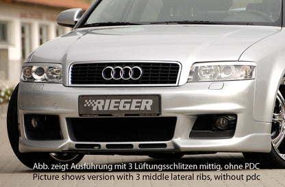 Audi A4 (8E) Typ B6 Rieger Spoilerstoßstange neues Design   ohne Lüftungsschlitze, ABS, für Fzg. mit Einparkhilfe (PDC), NSW, 
inkl. Alugitter, Montagezubehör, ABE