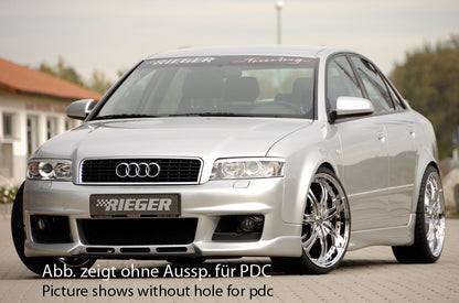 Audi A4 (8E) Typ B6 Rieger Spoilerstoßstange neues Design   mit 3 Lüftungsschlitzen mittig, ABS, für Fzg. mit Einparkhilfe (PDC), NSW, 
inkl. Alugitter, Montagezubehör, ABE