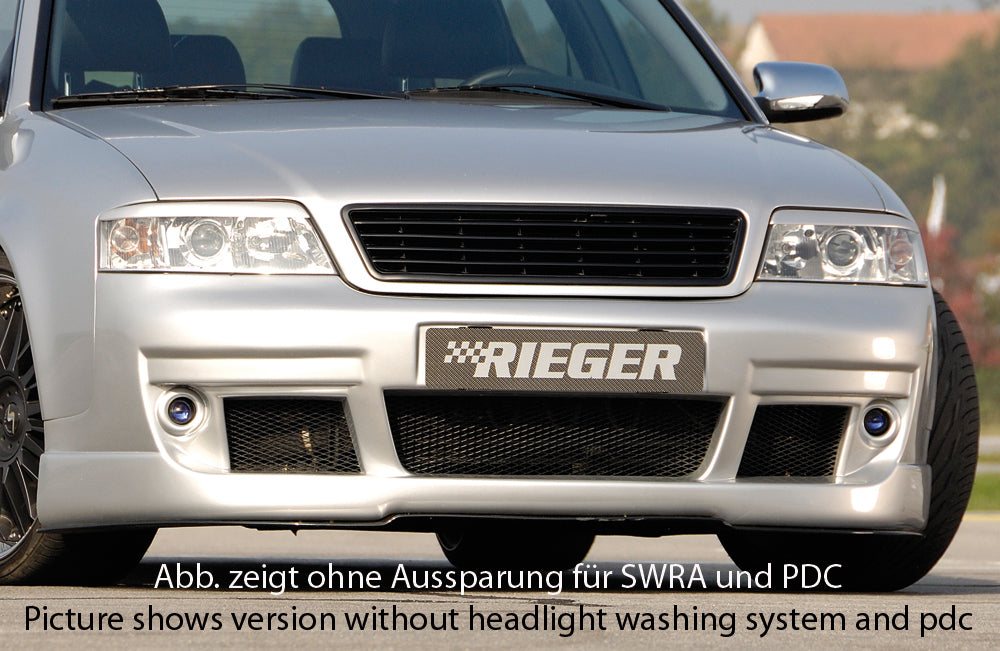 Audi A6 (4B) Rieger Spoilerstoßstange S6-Look  -> ab Bj. 2002, nicht für V8! ABS, für Fzg. mit Scheinwerferreinigungsanlage, Einparkhilfe (PDC), 
inkl. Alugitter, Montagezubehör, ABE