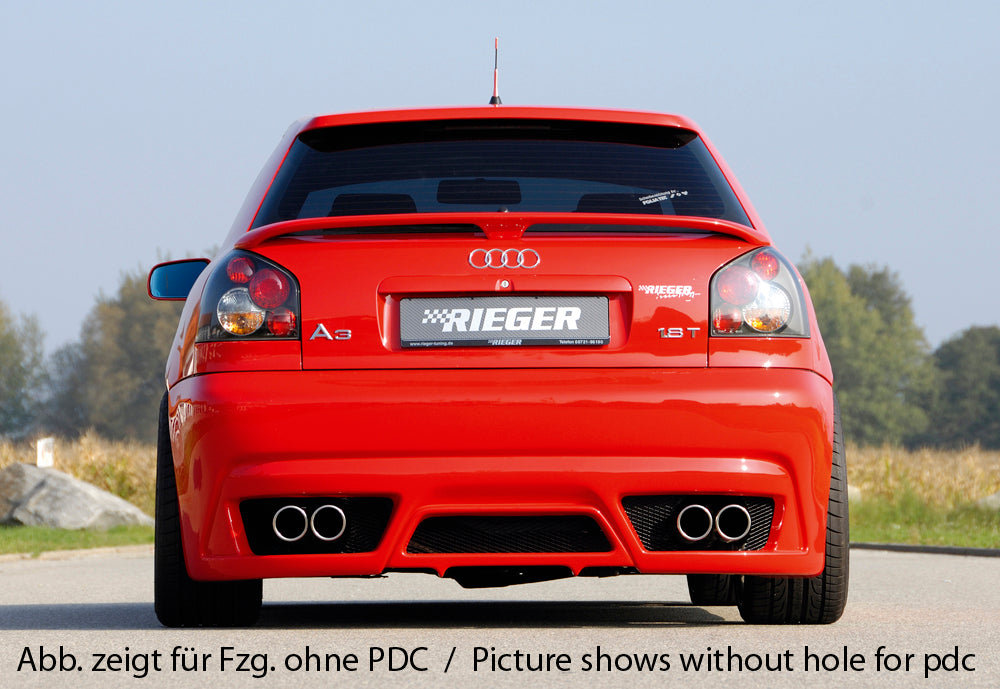 Audi A3 (8L) Rieger Heckschürze neues Design  für 4-Rohr-Anlage, ABS, für Fzg. mit Einparkhilfe (PDC), 
inkl. Alugitter, Montagezubehör, Gutachten
