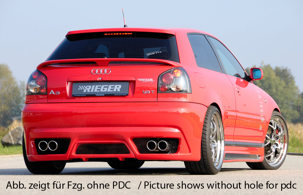 Audi A3 (8L) Rieger Heckschürze neues Design  für 4-Rohr-Anlage, ABS, für Fzg. mit Einparkhilfe (PDC), 
inkl. Alugitter, Montagezubehör, Gutachten