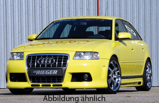 Audi A3 (8L) Rieger Spoilerstoßstange R-Frame  -> für original A6 Grill mit Lüftungsschlitzen, mit Halter f. orig. NSW, ABS, für Fzg. mit Scheinwerferreinigungsanlage, 
inkl. Alugitter, Montagezubehör, ABE
