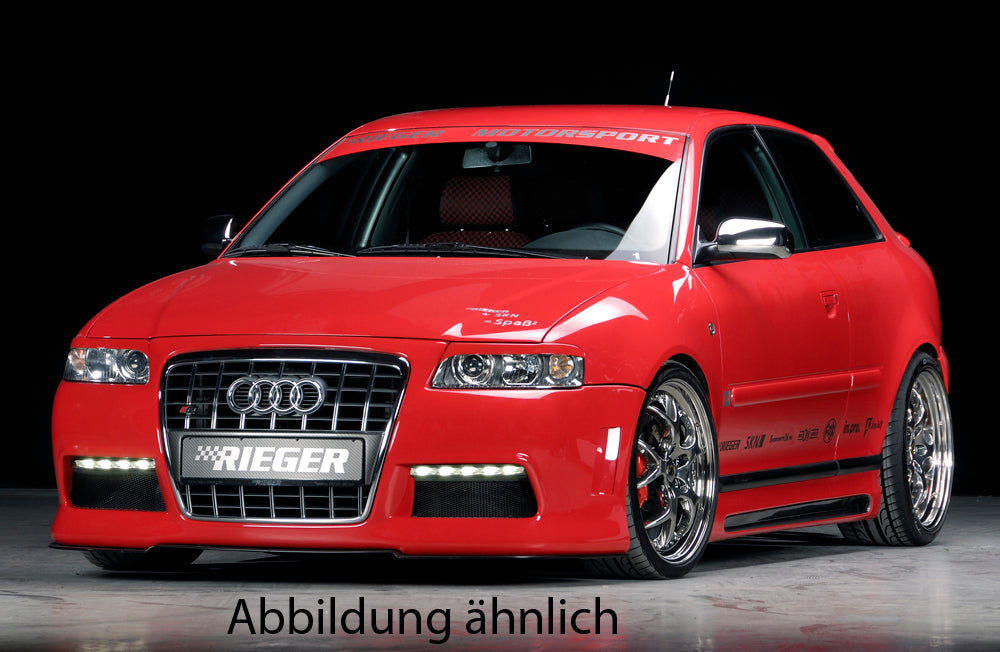 Audi A3 (8L) Rieger Spoilerstoßstange R-Frame für original  S -Grilleinsatz - in Vorbereitung! - mit zusätzlichen Lüftungsschlitzen, mit Aussparung für Tagfahrleuchten, ABS, für Fzg. mit Scheinwerferreinigungsanlage, 
inkl. Alugitter, Montagezubehör