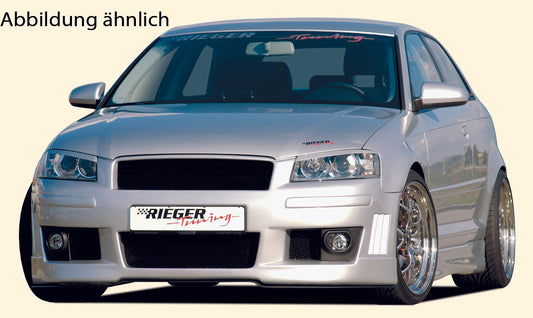 Audi A3 (8P) Rieger Spoilerstoßstange    mit Halter f. orig. NSW, mit Abdeckkappen f. orig. NSW, mit integr. Kühlergrilleinfassung, mit seitlichen Rippen, ABS, für Fzg. mit Scheinwerferreinigungsanlage, 
inkl. Alugitter, Montagezubehör, ABE