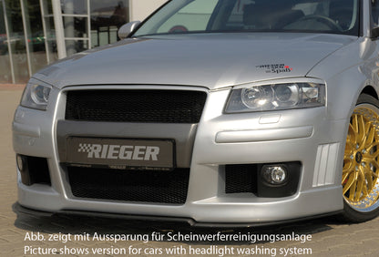 Audi A3 (8P) Rieger Spoilerstoßstange  mit Halter f. orig. NSW, mit Abdeckkappen f. orig. NSW, mit integr. Kühlergrilleinfassung, mit seitlichen Rippen, ABS, 
inkl. Alugitter, Montagezubehör, ABE