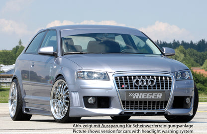 Audi A3 (8P) Rieger Spoilerstoßstange R-Frame  für Fzg. ohne serienmäßigen Single-Frame-Grill mit Halter f. orig. NSW, mit Abdeckkappen f. orig. NSW, mit seitlichen Rippen, ABS, 
inkl. Alugitter, Montagezubehör, ABE