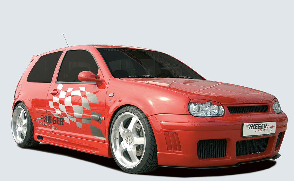 VW Golf 4 Rieger Spoilerstoßstange RS-Four-Look  mit Abdeckung für VW-Emblem mit seitlichen Rippen, ABS, für Fzg. mit Scheinwerferreinigungsanlage, 
inkl. Alugitter, Montagezubehör, ABE