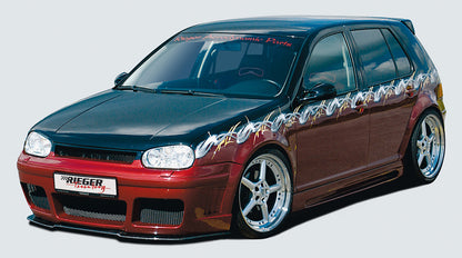 VW Golf 4 Rieger Spoilerstoßstange RS-Four-Look  mit Abdeckung für VW-Emblem mit seitlichen Rippen, ABS, für Fzg. mit Scheinwerferreinigungsanlage, 
inkl. Alugitter, Montagezubehör, ABE