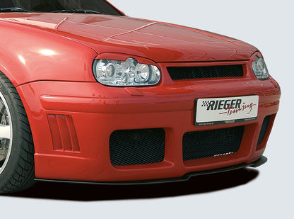 VW Golf 4 Rieger Spoilerstoßstange RS-Four-Look  mit Abdeckung für VW-Emblem mit seitlichen Rippen, ABS, für Fzg. mit Scheinwerferreinigungsanlage, 
inkl. Alugitter, Montagezubehör, ABE